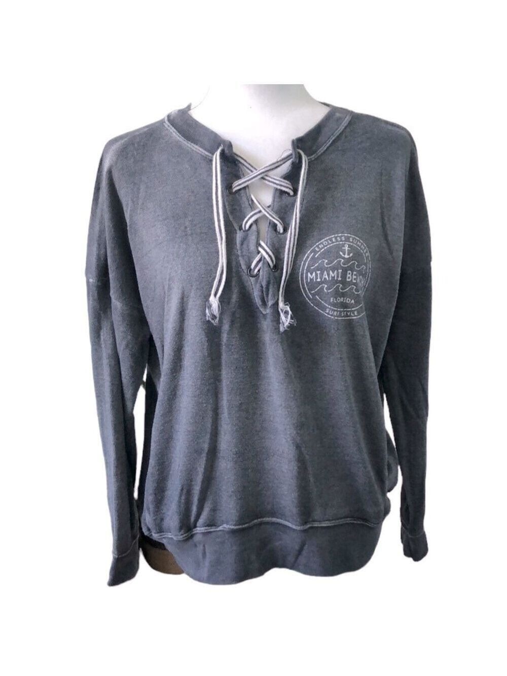 Ocean Drive Lace Up Sweatshirt Gray Size Small